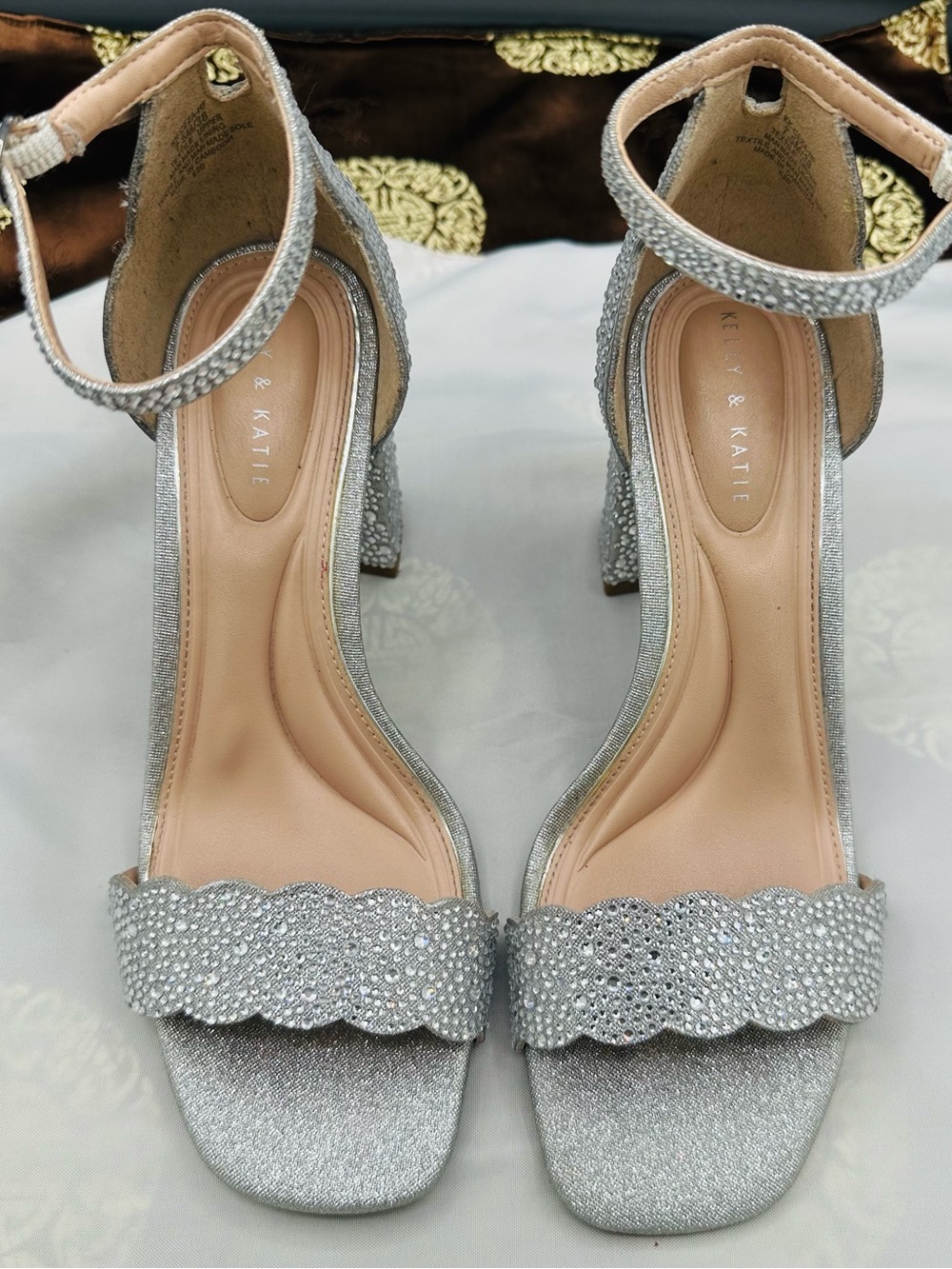Kelly & Katie Silver Crystal Scalloped Ankle-Strap Block Heels